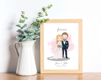 May include: A framed illustration of a cartoon bride and groom with the text "forever" above them and "Jane & John" below them. The bride is wearing a white dress and the groom is wearing a blue suit. The background is a pink watercolor wash.