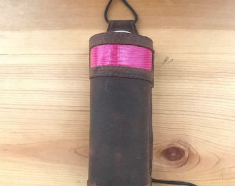 HOT PINK Distressed Leather drink bottle holders for saddles or hiking