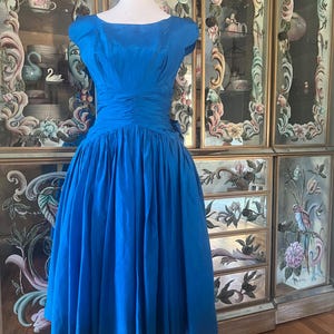 1950s Enchanting Blue Cocktail Dress Drop Waist