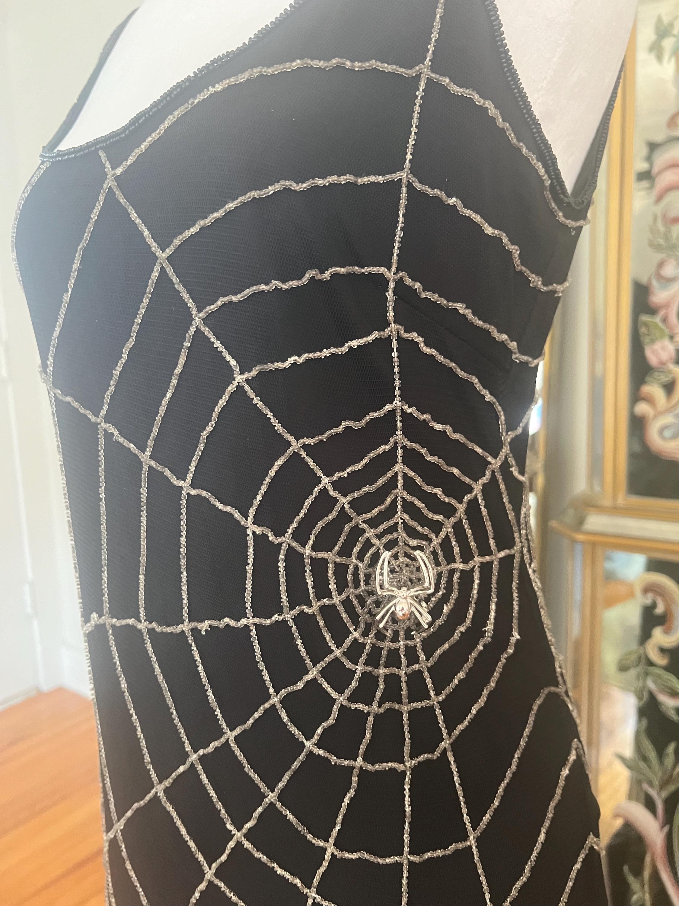 Vintage 90s Harrison Morgan Beaded Spiderweb Gown Black Goth Maxi Dress Halloween Witch Costume Size 6