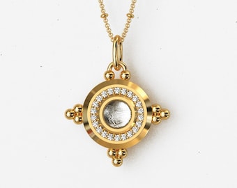 Muonionalusta Meteorite Pendant: Natural Gem Inlay, Gold Plated Necklace