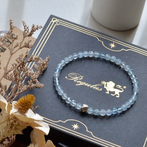 Aquamarine Bracelet,Faceted Glitter Aquamarine,Natural Aquamarine,Stretch bracelet,Hand made 925 Silver Bead,Stacking Bracelet,Fine Gift