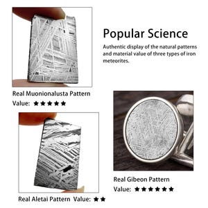 Puede incluir: Tres im&aacute;genes de primer plano de meteoritos de hierro con una descripci&oacute;n de los patrones naturales y el valor material de tres tipos de meteoritos de hierro. El texto "Popular Science" est&aacute; en la parte superior de la imagen. La primera imagen muestra un patr&oacute;n Muonionalusta, la segunda imagen muestra un patr&oacute;n Aletai y la tercera imagen muestra un patr&oacute;n Gibeon.