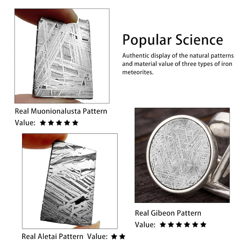 Puede incluir: Tres im&aacute;genes de primer plano de meteoritos de hierro con una descripci&oacute;n de los patrones naturales y el valor material de tres tipos de meteoritos de hierro. El texto "Popular Science" est&aacute; en la parte superior de la imagen. La primera imagen muestra un patr&oacute;n Muonionalusta, la segunda imagen muestra un patr&oacute;n Aletai y la tercera imagen muestra un patr&oacute;n Gibeon.