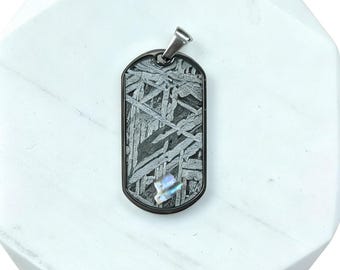 Genuine Meteorite and Shell Dog Tag Pendant, Iridescent Layering Necklace, Birthday Gift for Men Women, Space Ocean Jewelry