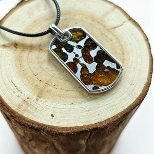 Puede incluir: Un collar con colgante rectangular con marco plateado y cord&oacute;n negro. El colgante presenta un patr&oacute;n de formas marrones y blancas. El collar se exhibe sobre una superficie de madera.