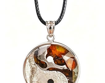 Iron & Pallasite Meteorite Yin Yang Pendant ,Stainless Steel Frame Taoist Balance Necklace ,Genuine Space Rock Jewelry, 2 Sizes Available