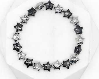 Iron Meteorite Star Bracelet, Cosmic Black Silver Jewelry, Widmanstätten Pattern