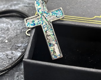 Iron Meteorite Cross Necklace with Natural Shell, Stainless Steel, Celestial Jewelry, 4.1*2.4cm,Unique Gift for Him/Her