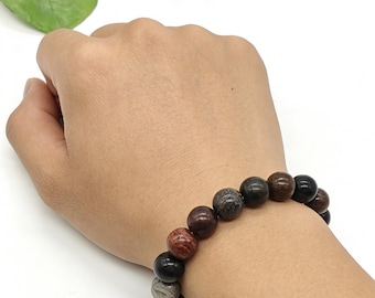 10mm Dinosaur Bone Meteorite Bracelet, Cosmic Fossil Jewelry, Paleontology Astronomy Gift