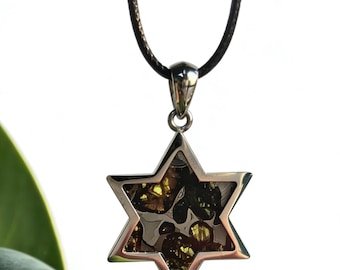 Pallasite Meteorite Star of David Pendant – Cosmic Olivine Crystal Necklace (2.7cm)