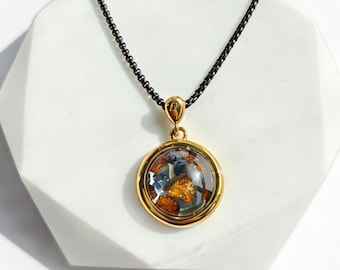 Pallasite Meteorite Round Pendant,Around diameter 2.1cm,Domed Acrylic Magnifier Design,Alloy Frame