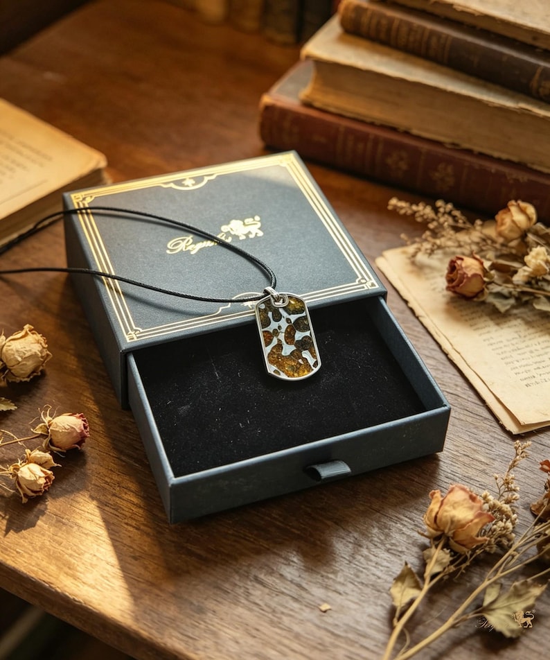 Puede incluir: Un collar con colgante rectangular con un cord&oacute;n negro, presentado en una caja azul abierta con ribete dorado. El colgante presenta un marco plateado y un dise&ntilde;o moteado en tonos marr&oacute;n y dorado. La caja est&aacute; sobre una superficie de madera con flores secas y libros.