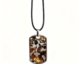 Natural Meteorite Pendant,Pallasite Square Dog Tag Necklace,Around 3.5*2cm,Unique Space Gemstone Jewelry for Men Women