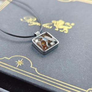 Può includere: Un ciondolo quadrato con una pietra color ambra scuro con inclusioni metalliche, incastonato in una cornice color argento su un sottile cordino nero. Il ciondolo poggia su una scatola grigio scuro con scritte dorate Regulus e un emblema di leone.