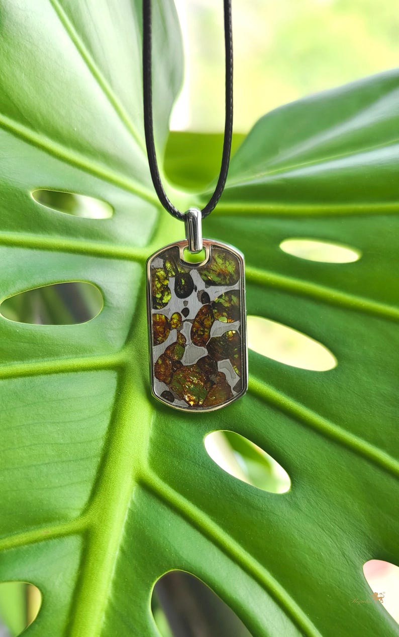 Puede incluir: Colgante rectangular con marco plateado y cord&oacute;n negro. El colgante presenta un patr&oacute;n &uacute;nico de formas org&aacute;nicas verdes y marrones sobre un fondo plateado. El colgante se muestra sobre una gran hoja verde.