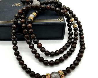108 Stone Meteorite Bead Necklace,Iron & Natural Meteorite Prayer Beads,The length around 66cm,Handmade Space Stone Wrap Bracelet
