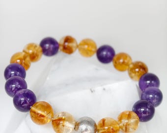 Iron Meteorite Amethyst and Citrine Multi-Gem Bracelet,Wrist Size around 17cm,Diameter around 1cm,Cosmic Stars · Wisdom & Wealth Bracelet