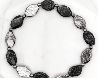Iron Meteorite Bracelet, Widmanstätten Pattern, Diamond Cut Beads, Unisex Jewelry