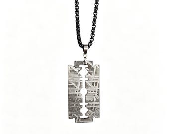 Iron Meteorite Razor Blade Pendant Necklace, Size 4.6×2.3×0.2cm,A Punk One-of-a-Kind from the Stars