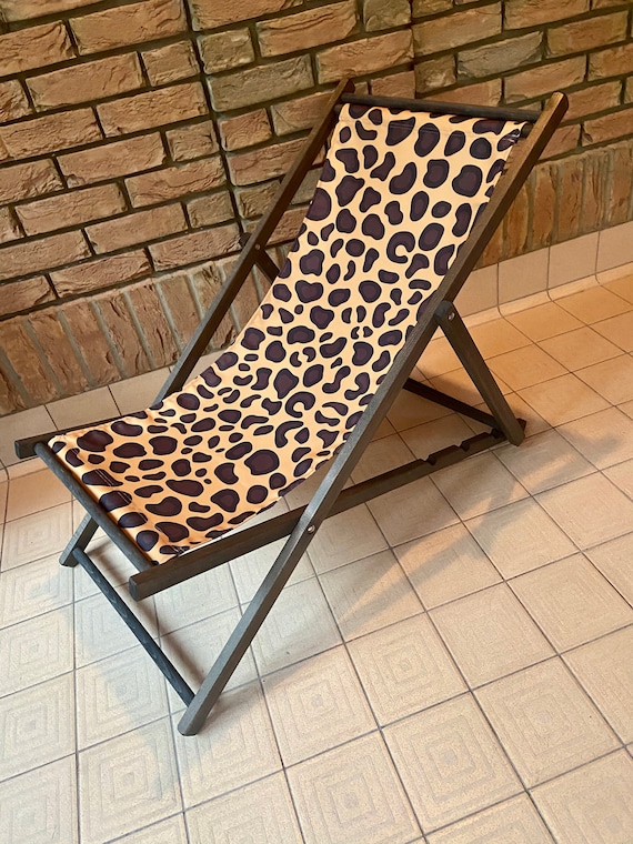 Deckchair A Leopard Print Deckchair on a Dark Wood Frame. Etsy