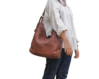 Leather tote bag, woven leather hobo bag,leather crossbody bag, leather shoulder bag,gift for her
