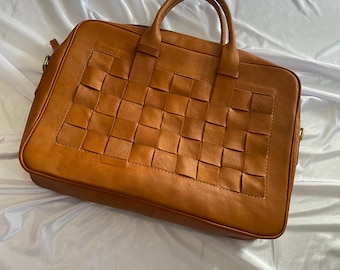 Handmade leather laptop bag-14 inch woven organizer