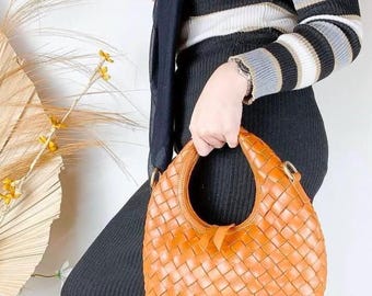 Handgemaakte geweven leren mini-handtas: crossbody-schoudertas