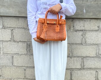Handmade Woven Veg-Tan Leather Crossbody Bag: Mini Top Handle Handbag