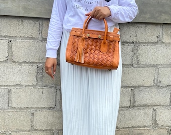 Handmade Woven Leather Crossbody Bag: Genuine Veg-Tan handbag, mini handbag
