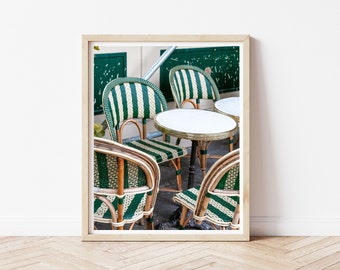 Paris Cafe Print: Green Bistro Chairs, French Patio Photography