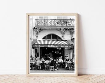 Vintage Paris Cafe Print, Parisian Sidewalk Scene, Black and White Photography