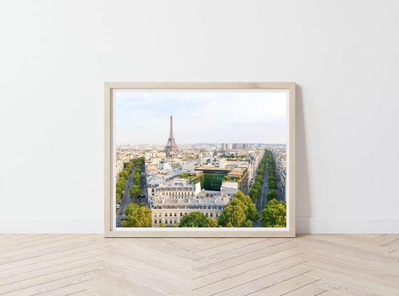 May include: An aerial view of the Eiffel Tower in Paris, France. The tower is in the distance, with a street lined with trees in the foreground.