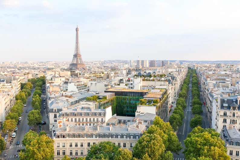 May include: An aerial view of Paris, France, with the Eiffel Tower in the distance and a wide, tree-lined avenue in the foreground.