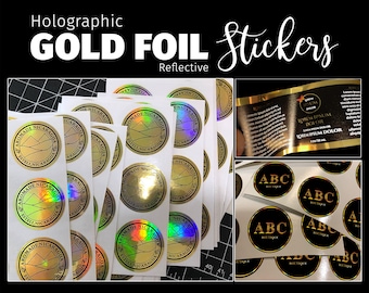 May include: A sheet of holographic gold foil stickers with a mountain range design and the text "Aroma de Nicaragua, Estelí, Nicaragua". The stickers are round and have a reflective finish. There are also stickers with the text "ABC Boutique" in black text on a gold background.