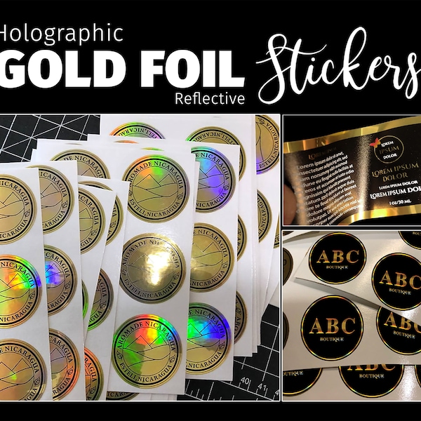 Custom gold Holographic foil stickers metallic reflective vinyl, Waterproof and high quality labels for products, Gold Foil wedding stickers