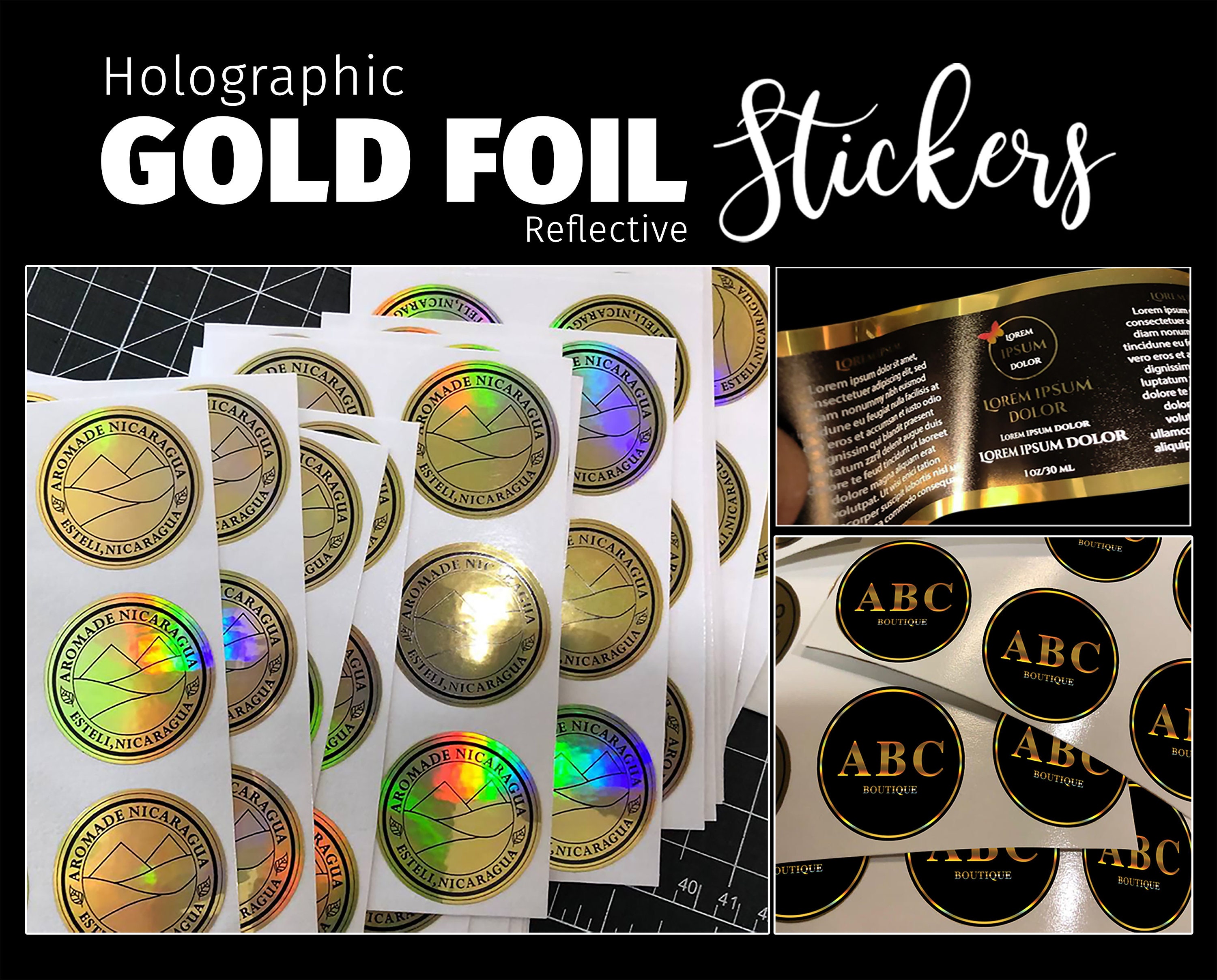 Custom Gold Holographic Foil Stickers Metallic Reflective Vinyl, Waterproof  and High Quality Labels for Products, Gold Foil Wedding Stickers 