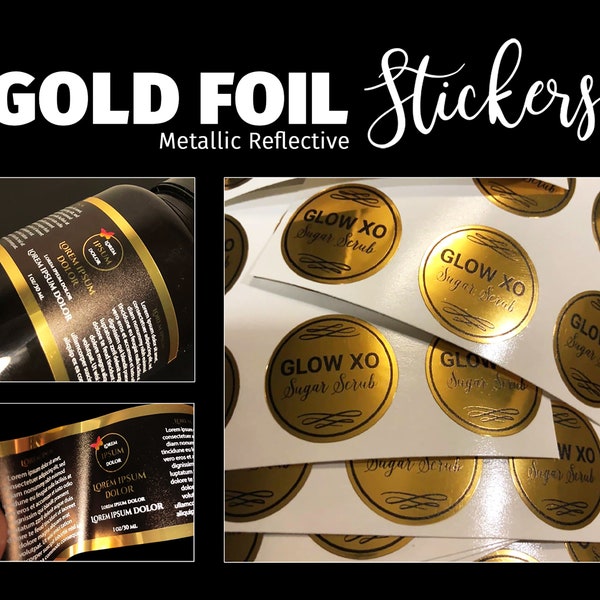 Beste kwaliteit GOUD FOLIE stickers Reflecterende folie elke vorm gesneden, aangepaste stickers Waterdichte vinyllabels, reflecterende gouden labels