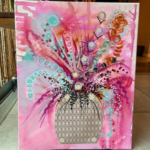 peinture acrylique, peinture originale, collage, art floral, art mural, décoration murale