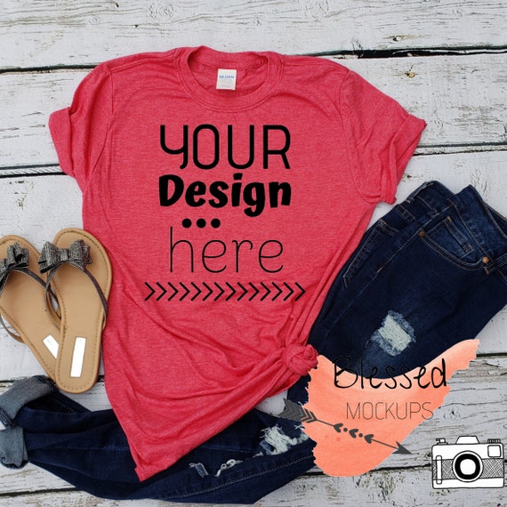 Red Tshirt Mockup With Accessories Red Tee Mockup Cuffed Etsy