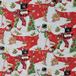 Red Christmas Snowman Fabric Cotton Fabric cut in 1/2 yard
