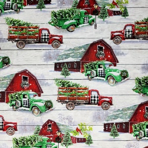 Christmas Truck and Barn Fabric Cotton Fabric sold by 1/2 yard