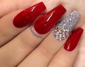 Glitter diamond & Red Press On Nails | Hand Painted False Nails