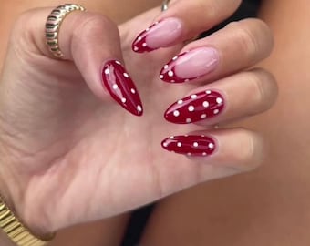 Red and white polka dot press on nails | french tip press on nails | short nails | polka dot nails | almond nails | press ons |summer nails
