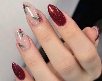 Uñas navideñas de acebo rojo / uñas de acebo / uñas postizas / uñas navideñas con purpurina / uñas postizas navideñas / uñas de invierno / uñas artificiales