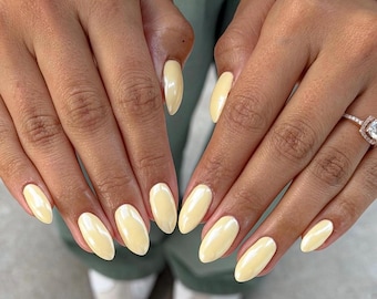 Butter Yellow Press On Nails | Glitter Chrome, Hand Painted False Nails | Fake nails | Press ons | yellow nails | spring nails