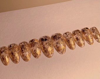 Clear gold leaf press on nails set | fake nails | nails | glitter nails | biab nails | glue on false nails | press ons | false nails