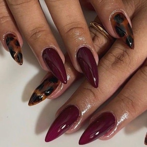 May include: Stiletto-shaped fingernails featuring a glossy finish. Some nails are painted in a solid deep burgundy colour, while others display a brown and black tortoiseshell pattern. The nails are long, pointed, and have a smooth, reflective surface.