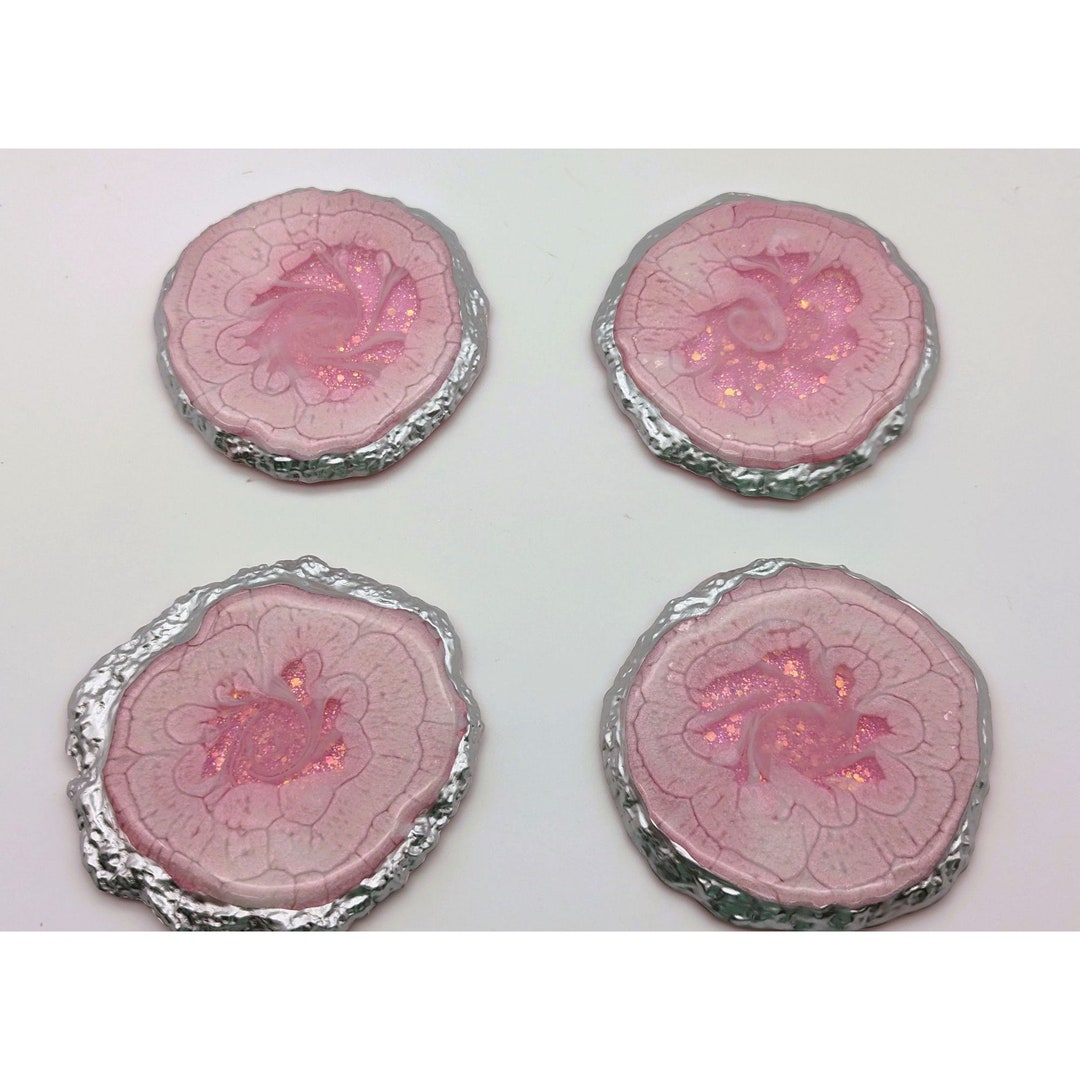Pink Button Coaster A Set of Coasters With Pink Glitter and White Wrapped in Silver Resin ...