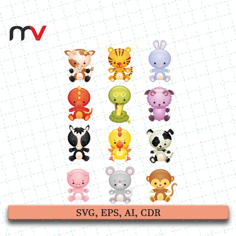 Download Cute Vector Animal Icons Cute And Funny Animal In Chinese Etsy